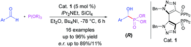 Graphical abstract: 1,1′-Dibenzyl-bis-(triazolyl)diphenylphosphine dioxide: a new efficient organocatalyst for silicon tetrachloride-mediated enantioselective Abramov-type phosphonylation of aldehydes with trialkyl phosphites
