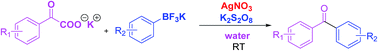 Graphical abstract: Ag(i)/persulfate-catalyzed decarboxylative coupling of α-oxocarboxylates with organotrifluoroborates in water under room temperature