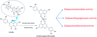 Graphical abstract: Enhanced antioxidant activity, antibacterial activity and hypoglycemic effect of luteolin by complexation with manganese(ii) and its inhibition kinetics on xanthine oxidase