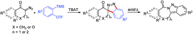 Graphical abstract: Synthesis of spiro-3H-indazoles via 1,3-dipolar cycloaddition of arynes with 6-diazocyclohex-2-en-1-one derivatives and fused-2H-indazoles by subsequent rearrangement