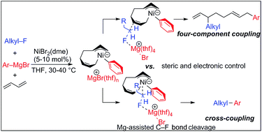 Graphical abstract: Nickel-catalyzed coupling reaction of alkyl halides with aryl Grignard reagents in the presence of 1,3-butadiene: mechanistic studies of four-component coupling and competing cross-coupling reactions