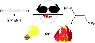 Graphical abstract: Visible-light and thermal driven double hydrophosphination of terminal alkynes using a commercially available iron compound