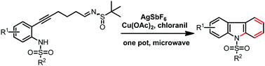 Graphical abstract: Silver–copper co-catalyzed cascade intramolecular cyclization/desulfinamide/dehydrogenation: one-pot synthesis of substituted carbazoles