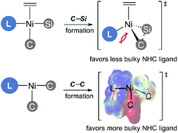 Graphical abstract: The influence of NHCs on C–Si and C–C reductive elimination: a computational study of the selectivity of Ni-catalyzed C–H activation of arenes with vinylsilanes
