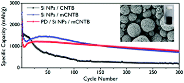 Graphical abstract: Polydopamine-wrapped, silicon nanoparticle-impregnated macroporous CNT particles: rational design of high-performance lithium-ion battery anodes