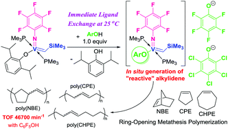 Graphical abstract: Facile in situ generation of highly active (arylimido)vanadium(v)–alkylidene catalysts for the ring-opening metathesis polymerization (ROMP) of cyclic olefins by immediate phenoxy ligand exchange