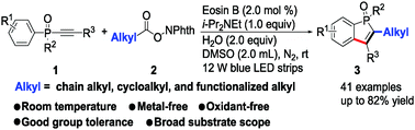 Graphical abstract: Photoredox-catalyzed decarboxylative alkylation/cyclization of alkynylphosphine oxides: a metal- and oxidant-free method for accessing benzo[b]phosphole oxides
