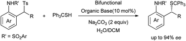 Graphical abstract: An organic-base catalyzed asymmetric 1,4-addition of tritylthiol to in situ generated aza-o-quinone methides at the H2O/DCM interface