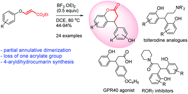 Graphical abstract: Lewis acid-catalyzed annulative partial dimerization of 3-aryloxyacrylates to 4-arylchroman-2-ones: synthesis of analogues of tolterodine, RORγ inhibitors and a GPR40 agonist
