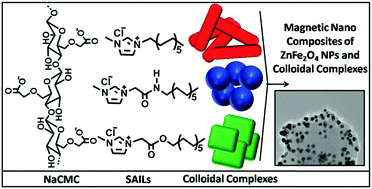 Graphical abstract: Colloidal systems of surface active ionic liquids and sodium carboxymethyl cellulose: physicochemical investigations and preparation of magnetic nano-composites