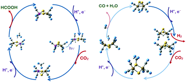 Graphical abstract: Pathways of selective catalytic CO2 two-step reduction on di-iron, di-cobalt and iron-cobalt disulfide carbonyls – an electronic structure study