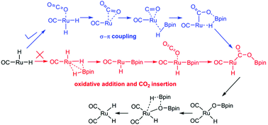 Graphical abstract: Computational mechanistic study of Ru-catalyzed CO2 reduction by pinacolborane revealing the σ–π coupling mechanism for CO2 decarbonylation