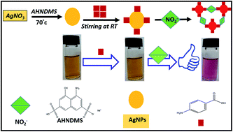 Graphical abstract: Sensitive and selective colorimetric nitrite ion assay using silver nanoparticles easily synthesized and stabilized by AHNDMS and functionalized with PABA