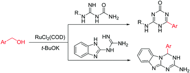 Graphical abstract: Ruthenium-catalyzed synthesis of 1,3,5-triazin-2(1H)-ones and dihydro[1,3,5]triazino[1,2-a]benzimidazoles from alcohols and guanides