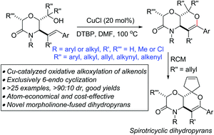Graphical abstract: Copper-catalyzed regioselective dehydrogenative alkoxylation of morpholinonyl alkenols: application to the synthesis of spirotricyclic dihydropyrans and of trans-fused bicyclic morpholines