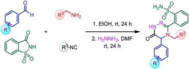 Graphical abstract: Facile synthesis of novel 3,4,5-trisubstituted-1,2,4-triazin-6(1H)-ones via a sequential Ugi–Smiles type/nucleophilic substitution/cyclization reaction