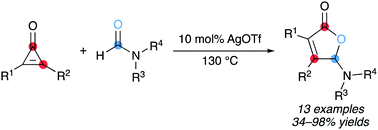 Graphical abstract: Silver-catalyzed ring-opening [3+2] annulation of cyclopropenones with amides