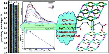 Graphical abstract: Highly selective and sensitive detection of Hg2+, Cr2O72−, and nitrobenzene/2,4-dinitrophenol in water via two fluorescent Cd-CPs
