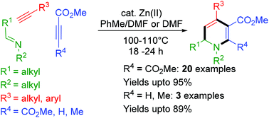 Graphical abstract: Synthesis of highly functionalized 1,6-dihydropyridines via the Zn(OTf)2-catalyzed three-component cascade reaction of aldimines and two alkynes (IA2-coupling)