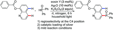 Graphical abstract: Direct C4–H phosphonation of 8-hydroxyquinoline derivatives employing photoredox catalysis and silver catalysis