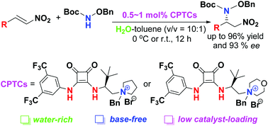 Graphical abstract: Enantioselective amination of nitroolefins under base-free and water-rich conditions using chiral bifunctional phase-transfer catalysts