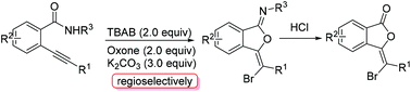 Graphical abstract: Regioselective 5-exo-dig oxy-cyclization of 2-alkynylbenzamide for the synthesis of isobenzofuran-1-imines and isobenzofuran