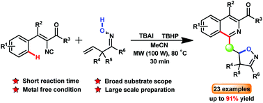 Graphical abstract: Synthetic access to isoxazoline-functionalized isoquinolines via microwave-assisted iminoxyl radical-participated cascade cyclization of vinyl isocyanides