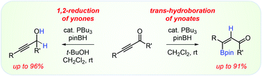 Graphical abstract: trans-Hydroboration vs. 1,2-reduction: divergent reactivity of ynones and ynoates in Lewis-base-catalyzed reactions with pinacolborane