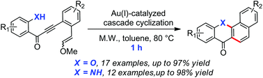 Graphical abstract: Syntheses of 12H-benzo[a]xanthen-12-ones and benzo[a]acridin-12(7H)-ones through Au(i)-catalyzed Michael addition/6-endo-trig cyclization/aromatization cascade annulation