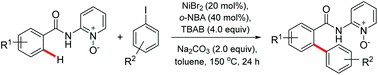 Graphical abstract: Nickel-catalyzed regioselective arylation of aromatic amides with aryl iodides enabled by an N,O-bidentate directing group