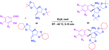 Graphical abstract: Base mediated green synthesis of enantiopure 2-C-spiro-glycosyl-3-nitrochromenes