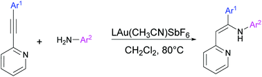 Graphical abstract: Stereo- and regioselective gold(i)-catalyzed hydroamination of 2-(arylethynyl)pyridines with anilines