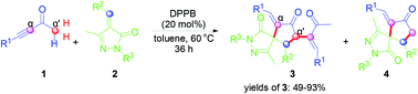 Graphical abstract: Bisphosphine catalyzed sequential [3 + 2] cycloaddition and Michael addition of ynones with benzylidenepyrazolones via dual α′,α′-C(sp3)–H bifunctionalization to construct cyclopentanone-fused spiro-pyrazolones