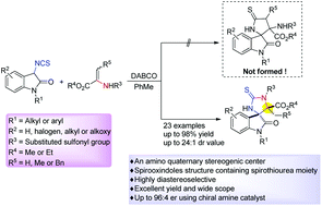 Graphical abstract: Construction of spirothioureas having an amino quaternary stereogenic center via a [3 + 2] annulation of 3-isothiocyanato oxindoles with 2-aminoacrylates