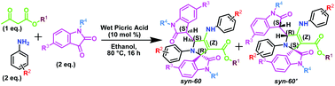 Graphical abstract: Pseudo five component reaction towards densely functionalized spiro[indole-3,2′-pyrrole] by picric acid, an efficient syn-diastereoselective catalyst: insight into the diastereoselection on C(sp3)–C(sp3) axial conformation