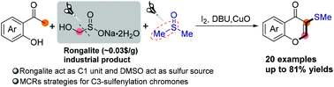 Graphical abstract: I2/DMSO-mediated multicomponent reaction of o-hydroxyaryl methyl ketones, rongalite, and DMSO: access to C3-sulfenylated chromones