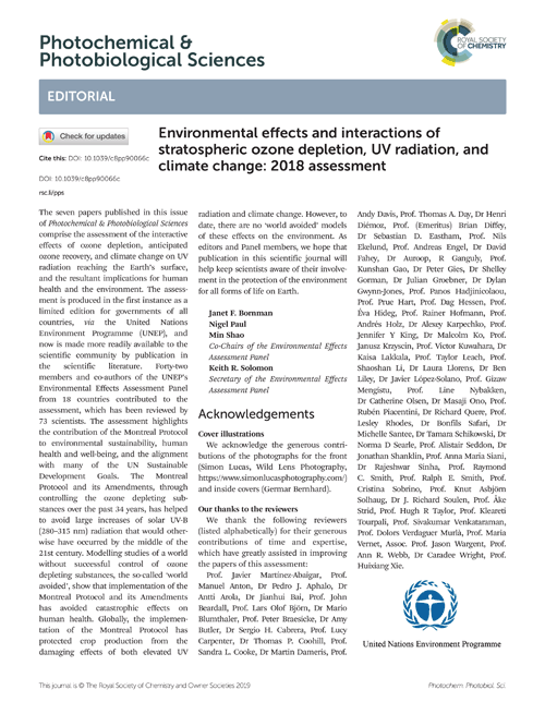 Environmental effects and interactions of stratospheric ozone depletion, UV radiation, and climate change: 2018 assessment