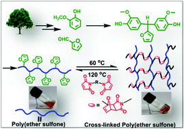 Graphical abstract: Partially bio-based aromatic poly(ether sulfone)s bearing pendant furyl groups: synthesis, characterization and thermo-reversible cross-linking with a bismaleimide