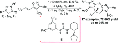 Graphical abstract: Organocatalytic asymmetric synthesis of compounds bearing both isoxazole and pyrazole moieties via 1,6-addition of pyrazol-5-ones to 3-methyl-4-nitro-5-alkenylisoxazoles