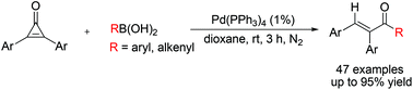 Graphical abstract: α,β-Diaryl unsaturated ketones via palladium-catalyzed ring-opening of cyclopropenones with organoboronic acids