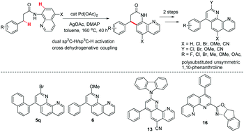 Graphical abstract: Practical synthesis of polysubstituted unsymmetric 1,10-phenanthrolines by palladium catalyzed intramolecular oxidative cross coupling of C(sp2)–H and C(sp3)–H bonds of carboxamides