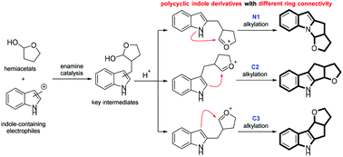 Graphical abstract: Asymmetric construction of polycyclic indole derivatives with different ring connectivities by an organocatalysis triggered two-step sequence