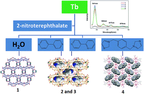 Graphical abstract: Effects of template molecules on the structures and luminescence intensities of a series of porous Tb-MOFs based on the 2-nitroterephthalate ligand