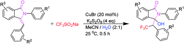 Graphical abstract: Copper(i) reagent-promoted hydroxytrifluoromethylation of enamides: flexible synthesis of substituted-3-hydroxy-2-aryl-3-(2,2,2-trifluoro-1-arylethyl)isoindolin-1-one