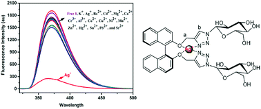 Graphical abstract: Synthesis and spectroscopic investigation of a novel sensitive and selective fluorescent chemosensor for Ag+ based on a BINOL–glucose derivative