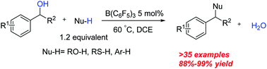 Graphical abstract: B(C6F5)3 catalyzed direct nucleophilic substitution of benzylic alcohols: an effective method of constructing C–O, C–S and C–C bonds from benzylic alcohols