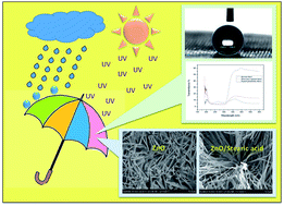 Graphical abstract: Fabrication of ZnO nanoarchitectured fluorine-free robust superhydrophobic and UV shielding polyester fabrics for umbrella canopies