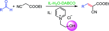 Graphical abstract: DABCO-catalyzed Knoevenagel condensation of aldehydes with ethyl cyanoacetate using hydroxy ionic liquid as a promoter