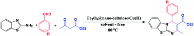 Graphical abstract: Fe3O4@nano-cellulose/Cu(ii): a bio-based and magnetically recoverable nano-catalyst for the synthesis of 4H-pyrimido[2,1-b]benzothiazole derivatives