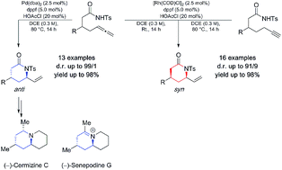 Graphical abstract: Transition metal catalyzed stereodivergent synthesis of syn- and anti-δ-vinyl-lactams: formal total synthesis of (−)-cermizine C and (−)-senepodine G